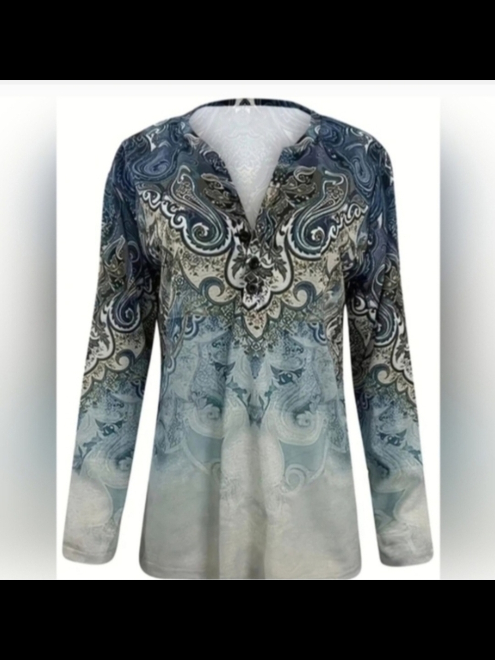Women's Blue Paisley V-Neck Long Sleeve Top